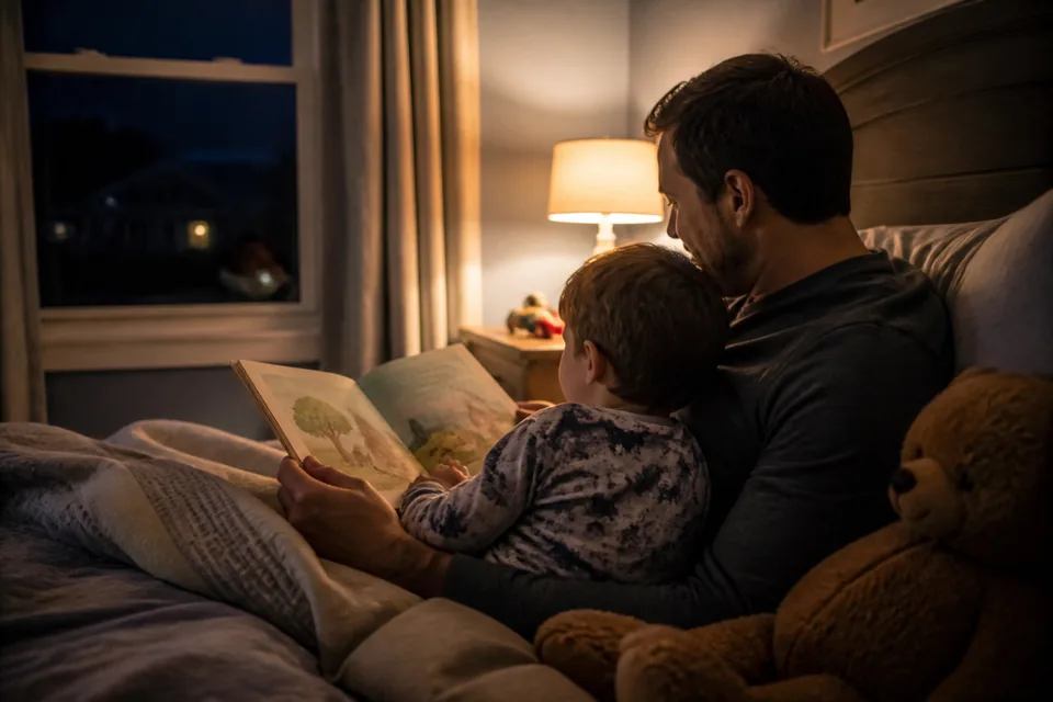 Ein Vater und sein Kind lesen im Bett bei warmem Lampenlicht ein Bilderbuch