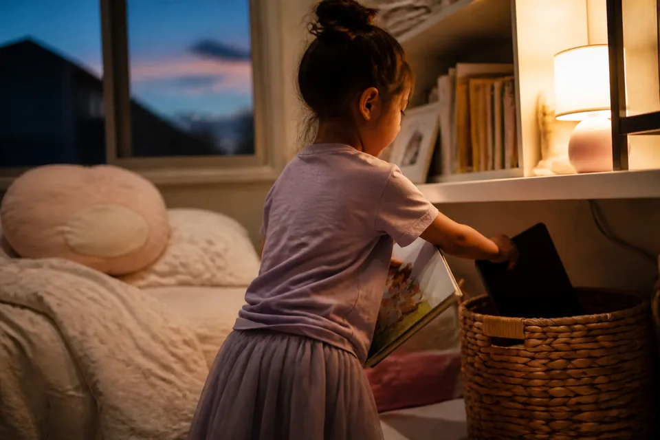A child puts a tablet away in a basket and picks up a picture book at bedtime