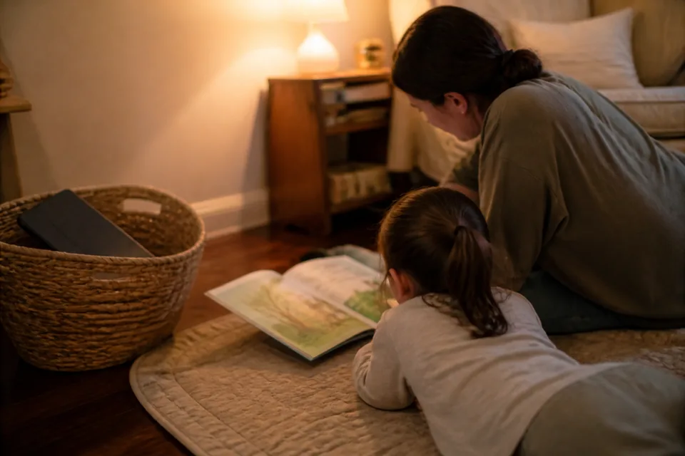Un parent et son enfant lisent un livre pendant que la tablette reste rangée dans un panier