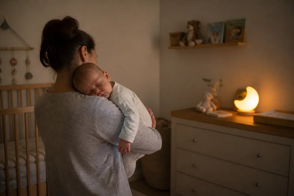 Uma mãe segura o bebê dormindo no ombro ao lado do berço